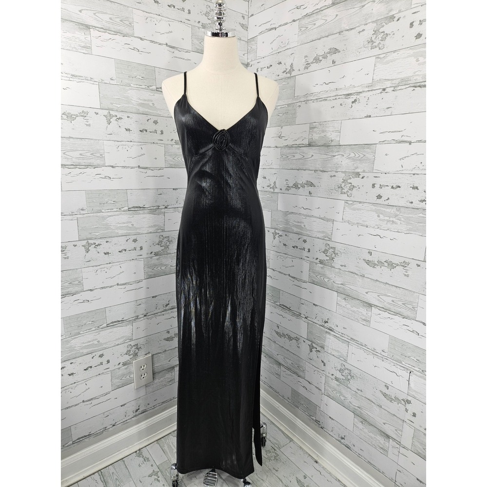 Emerson Lang Black Metallic Rosette Maxi Dress Size M V-Neck Side Slit Gown